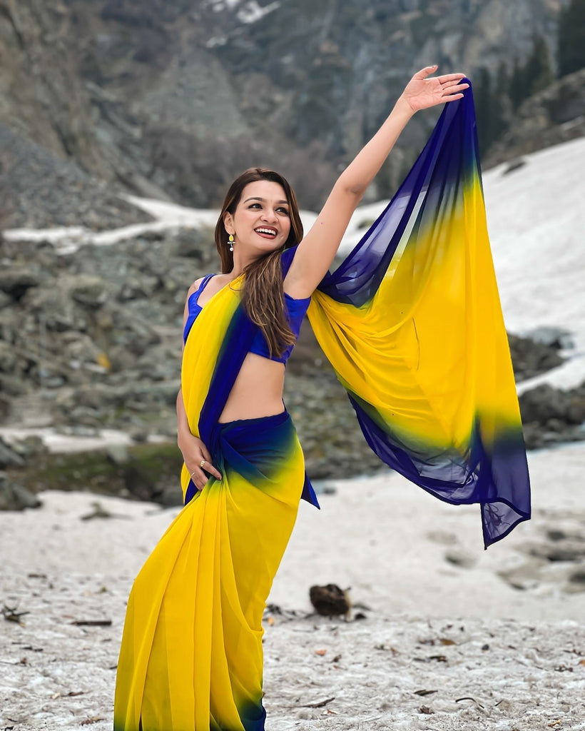 Dual-Tone Yellow Blue Georgette Printed Saree for Daily & Festive Look FANCY SAREES