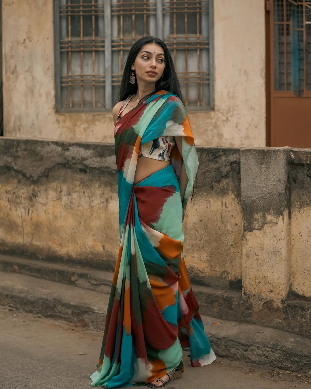 Boho Abstract Multicolor Georgette Saree with Artistic Brushstroke Print & Blouse Fabric FANCY SAREES