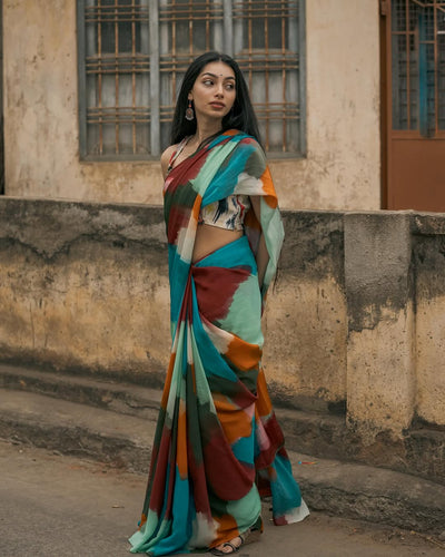 Boho Abstract Multicolor Georgette Saree with Artistic Brushstroke Print & Blouse Fabric FANCY SAREES