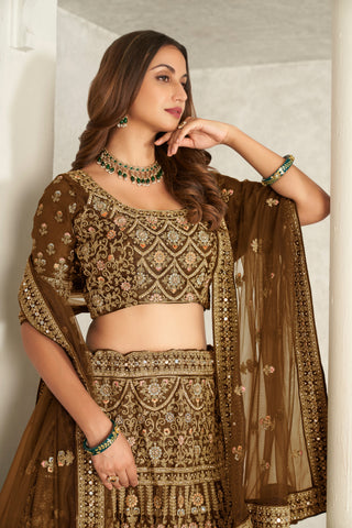 Mustard Yellow Organza Net Lehenga Choli Set - Embroidered Bridal Wear ClothsVilla