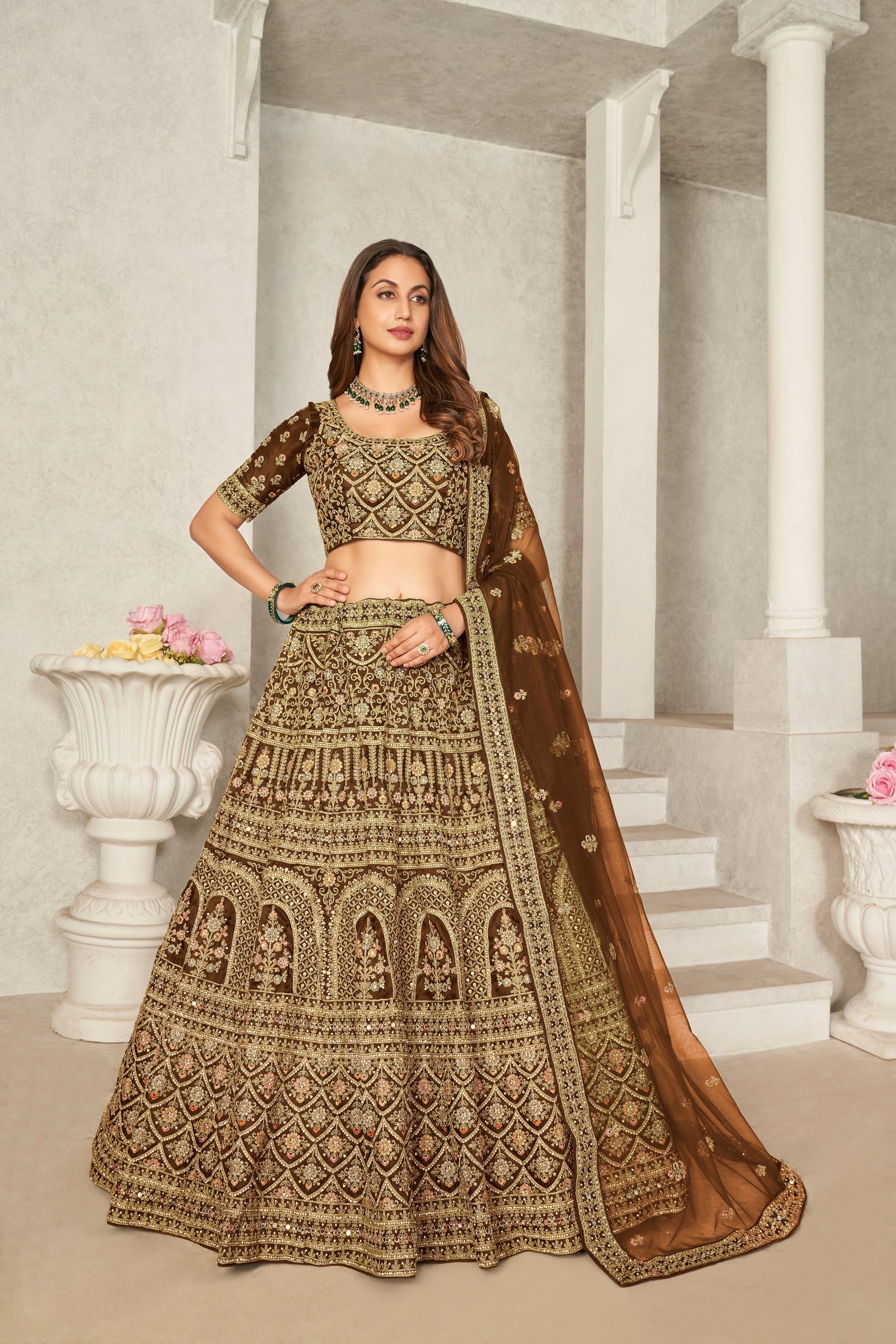 Mustard Yellow Organza Net Lehenga Choli Set - Embroidered Bridal Wear ClothsVilla