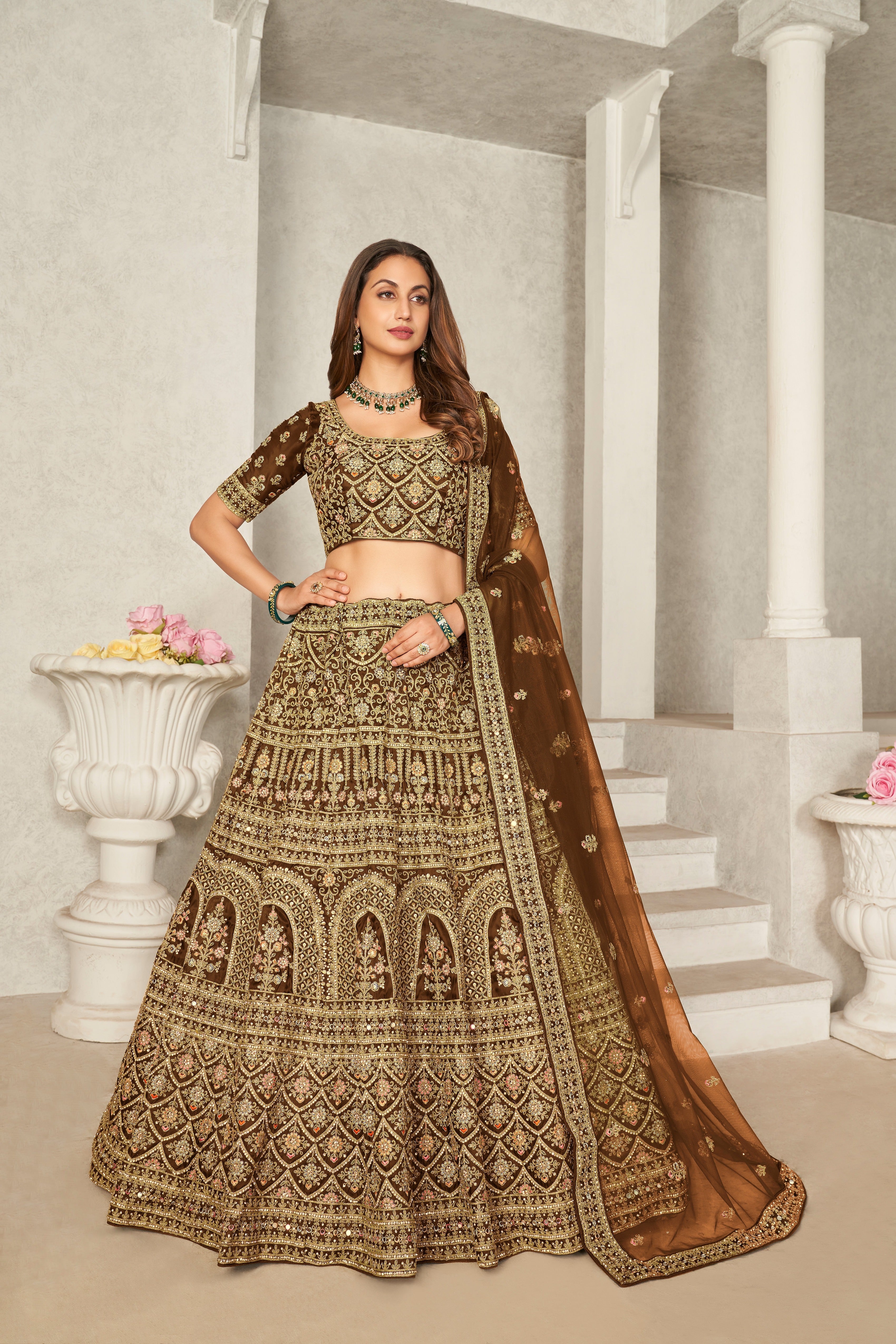 Mustard Yellow Organza Net Lehenga Choli Set - Embroidered Bridal Wear ClothsVilla