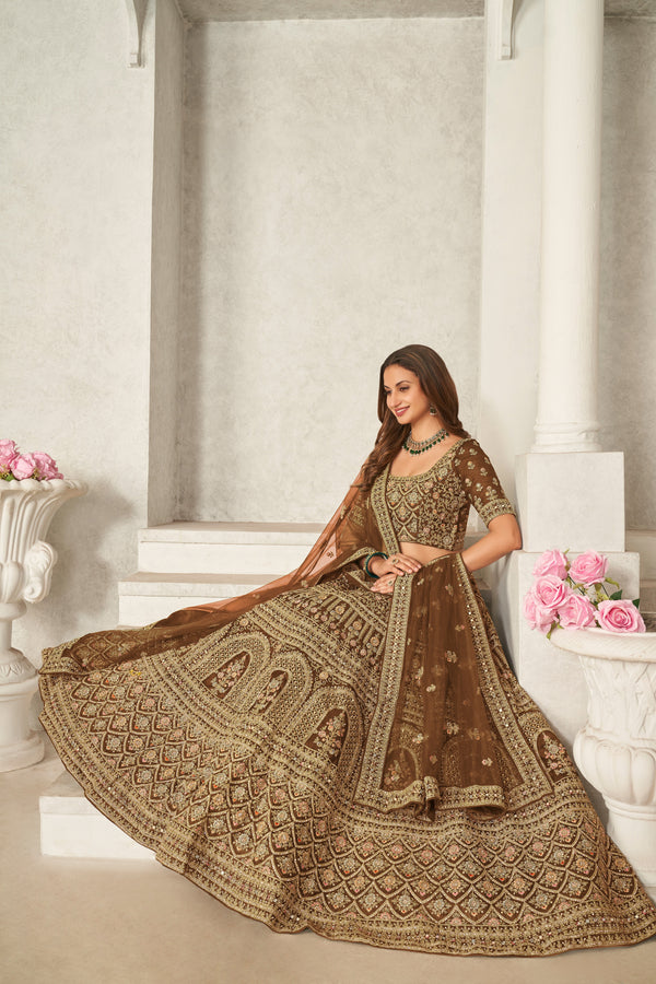 Mustard Yellow Organza Net Lehenga Choli Set - Embroidered Bridal Wear ClothsVilla