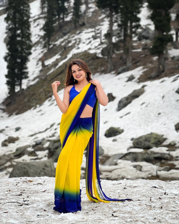Dual-Tone Yellow Blue Georgette Printed Saree for Daily & Festive Look FANCY SAREES