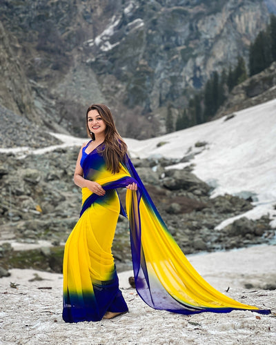 Dual-Tone Yellow Blue Georgette Printed Saree for Daily & Festive Look FANCY SAREES