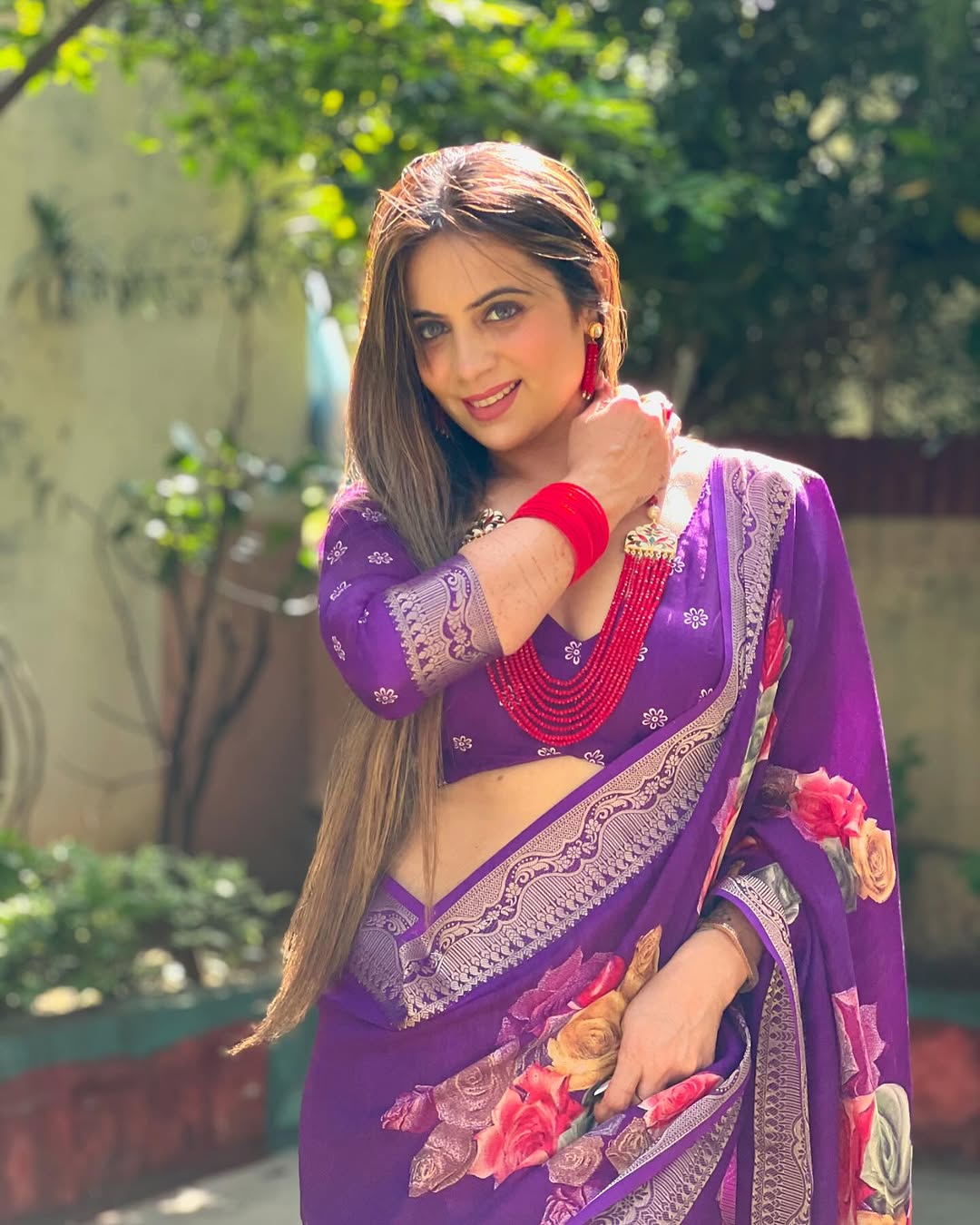 Regal Purple Tussar Silk Saree with Multicolor Floral Prints & Intricate Zari Border DIGITAL PRINT
