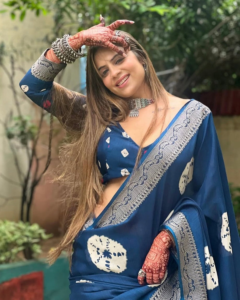 Navy Blue Tussar Silk Saree with White Floral Prints & Zari Border DIGITAL PRINT