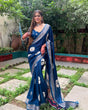 Load image into Gallery viewer, Navy Blue Tussar Silk Saree with White Floral Prints &amp; Zari Border DIGITAL PRINT