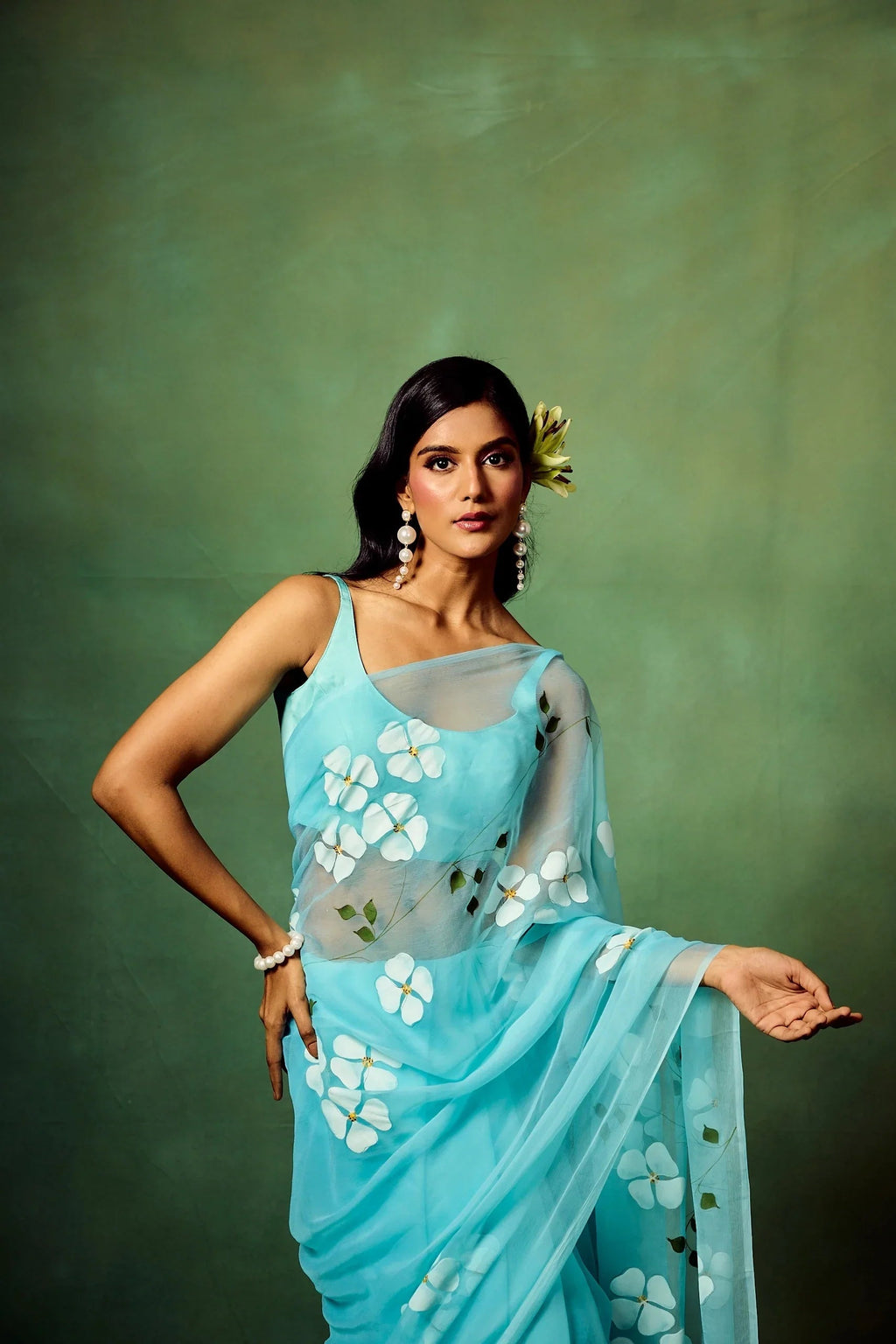 Sky Blue Organza Saree with Hand-Painted White Dogwood Flowers & Satin Blouse FANCY SAREES