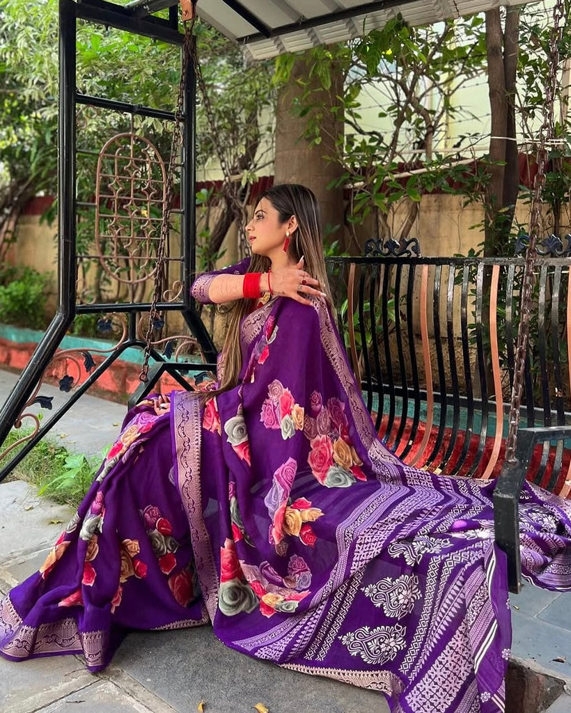 Regal Purple Tussar Silk Saree with Multicolor Floral Prints & Intricate Zari Border DIGITAL PRINT