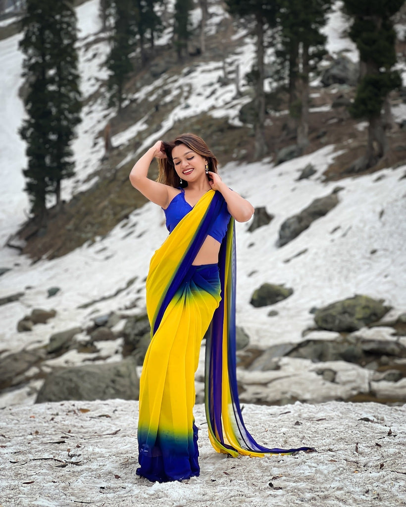 Dual-Tone Yellow Blue Georgette Printed Saree for Daily & Festive Look FANCY SAREES