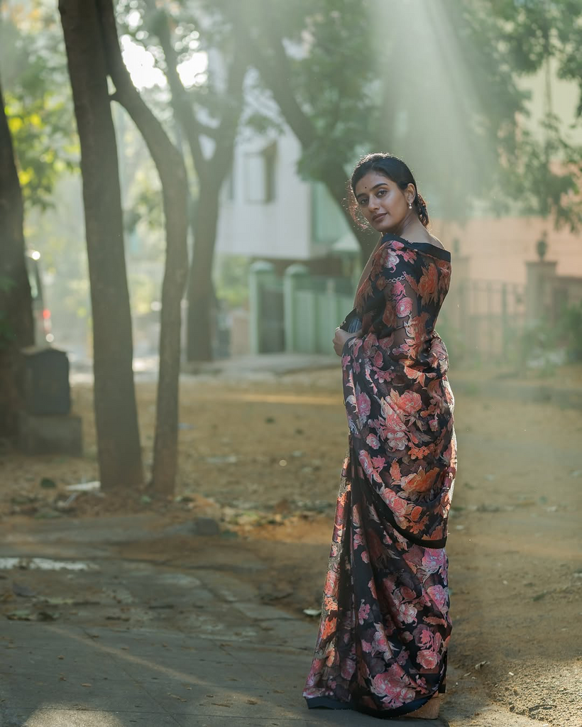 Midnight Bloom Black Georgette Saree with Vintage Rose Floral Print & Matching Blouse Fabric FANCY SAREES