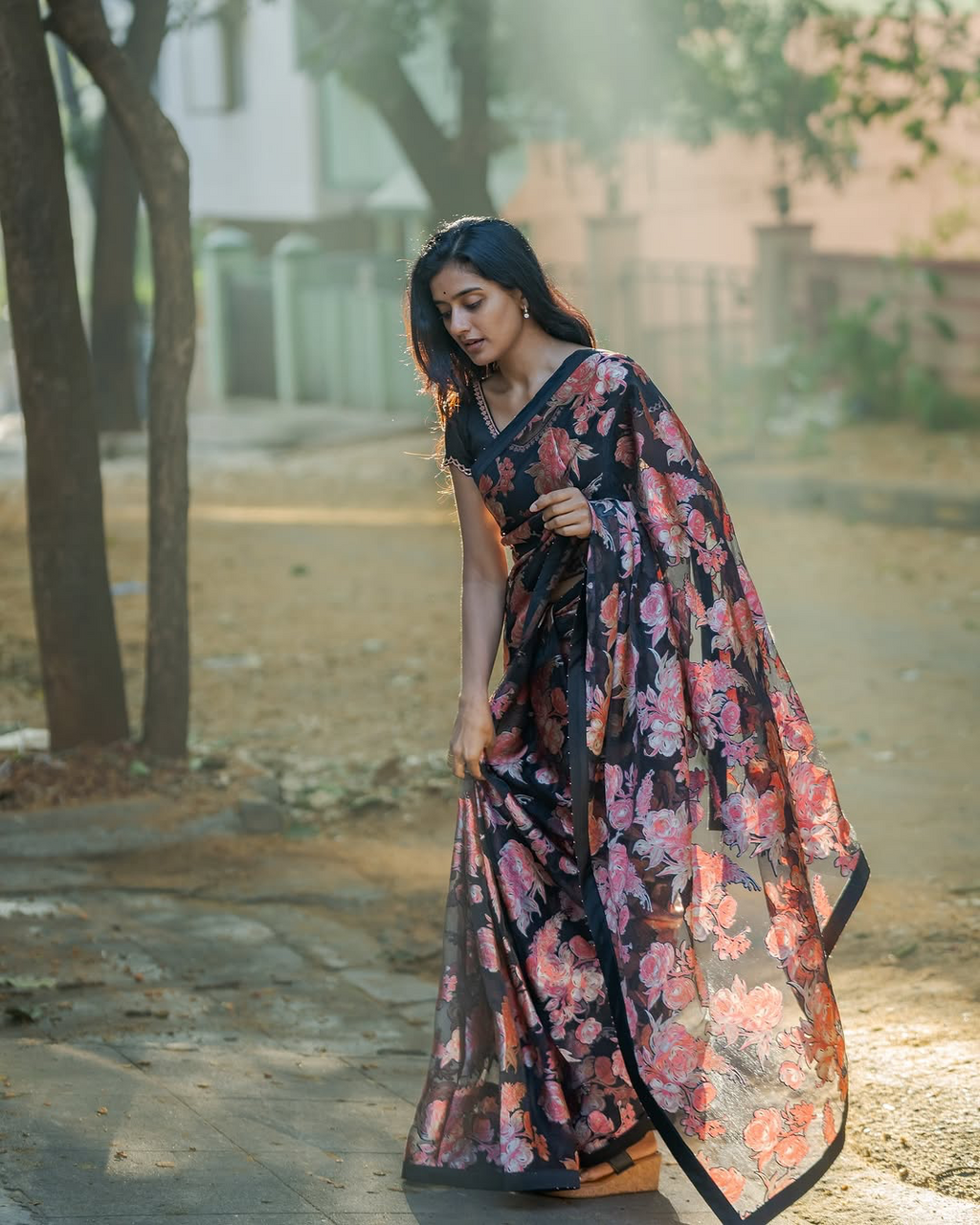Midnight Bloom Black Georgette Saree with Vintage Rose Floral Print & Matching Blouse Fabric FANCY SAREES