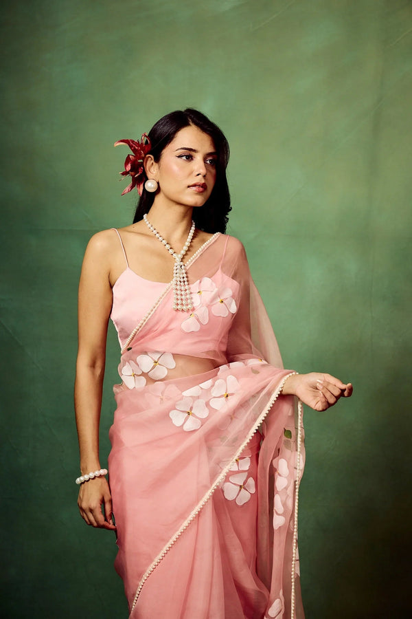 Blush Pink Pure Organza Saree with Hand-Painted White Floral Motifs & Sequin Accents | Satin Blouse FANCY SAREES