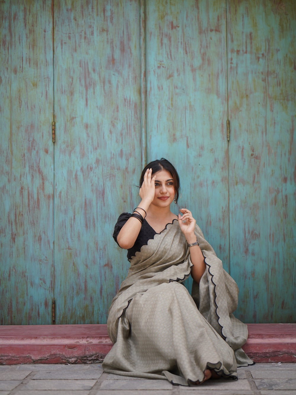 Exquisite Artichoke Gadhwal Chex Saree with Arca Work and Lucknowi Work Blouse ClothsVilla
