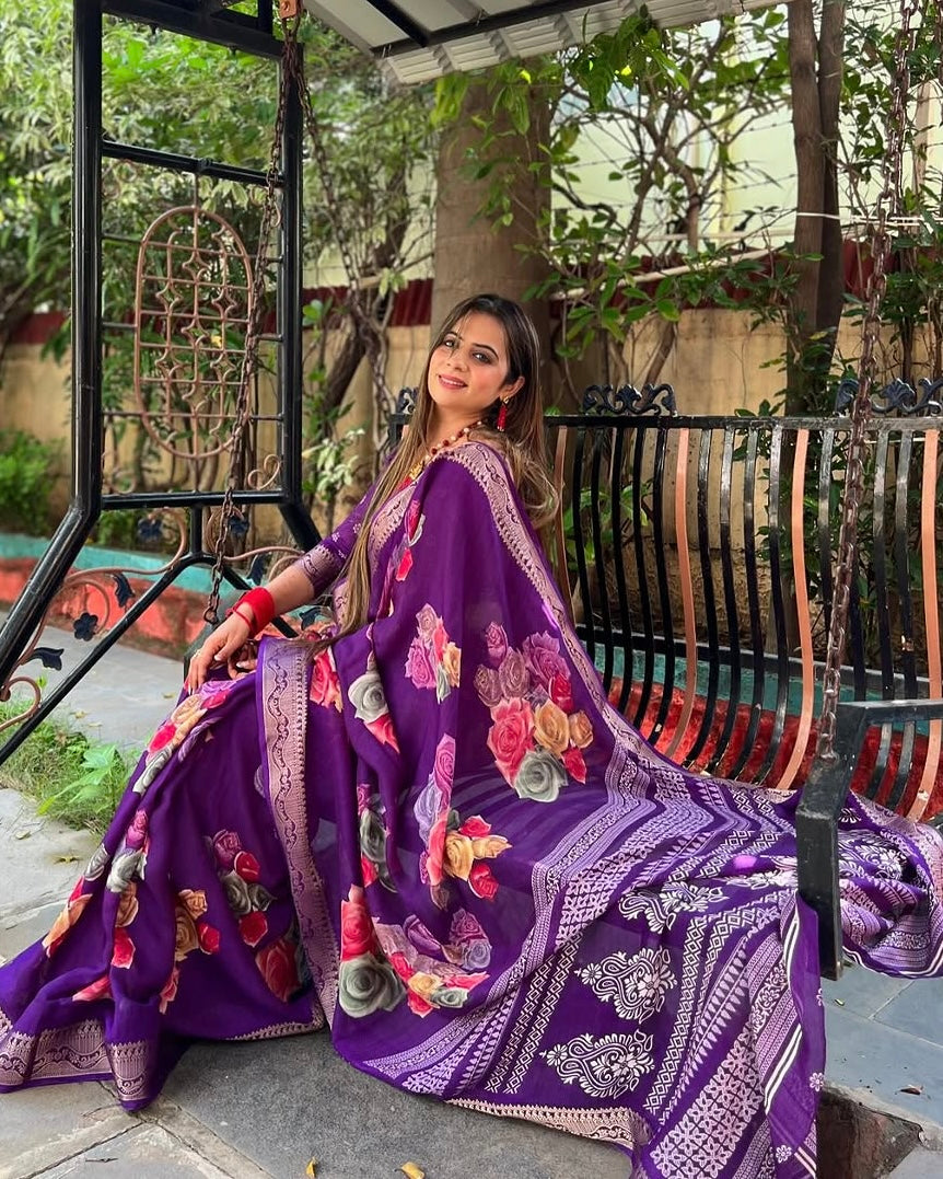 Regal Purple Tussar Silk Saree with Multicolor Floral Prints & Intricate Zari Border DIGITAL PRINT Main image