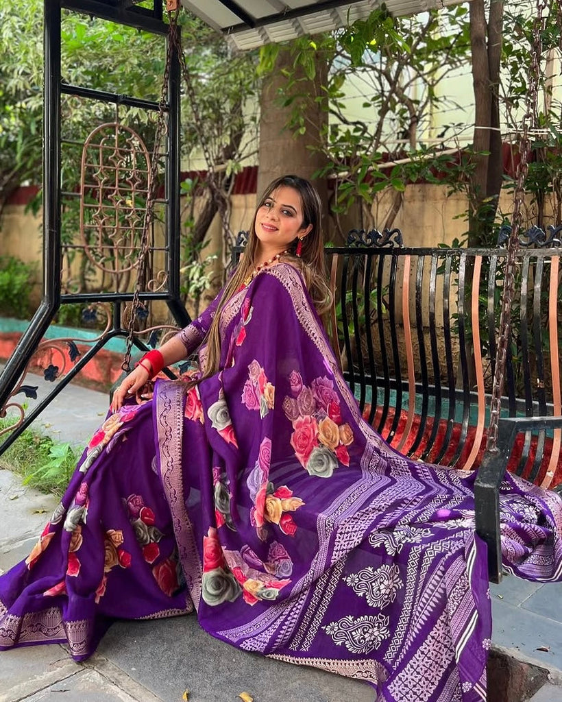 Regal Purple Tussar Silk Saree with Multicolor Floral Prints & Intricate Zari Border DIGITAL PRINT