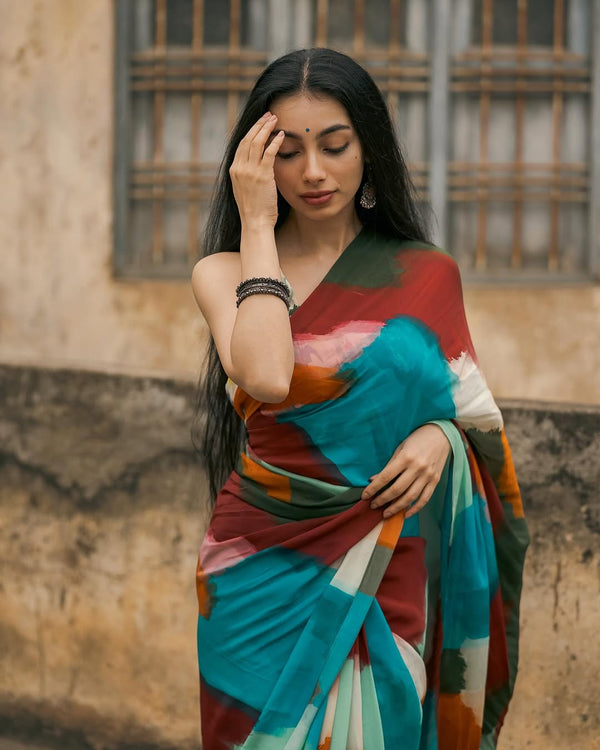 Boho Abstract Multicolor Georgette Saree with Artistic Brushstroke Print & Blouse Fabric FANCY SAREES