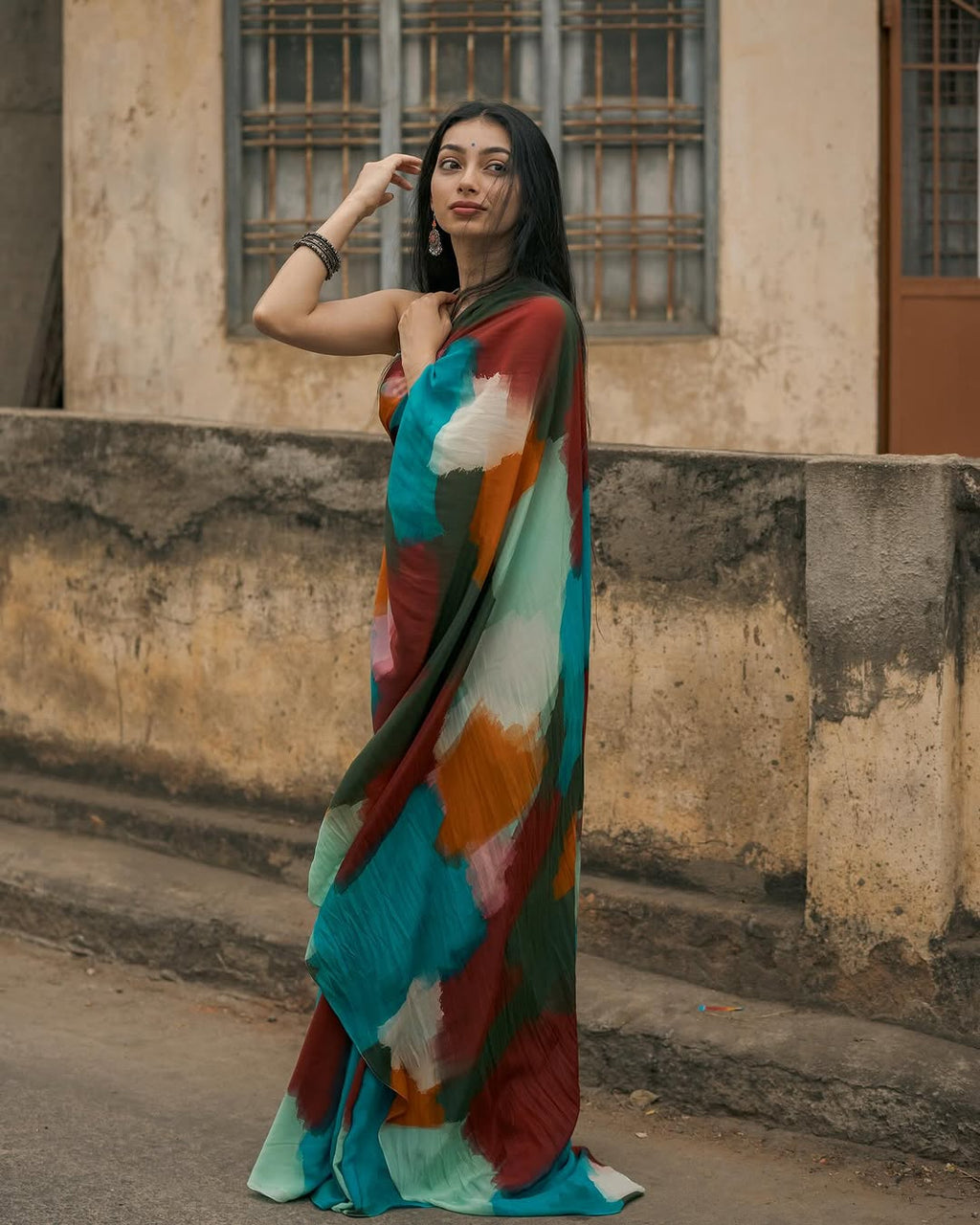 Boho Abstract Multicolor Georgette Saree with Artistic Brushstroke Print & Blouse Fabric FANCY SAREES