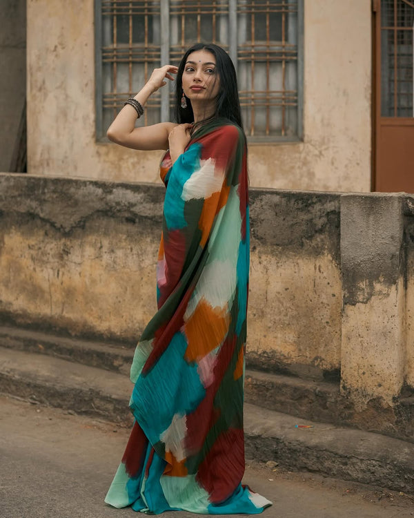 Boho Abstract Multicolor Georgette Saree with Artistic Brushstroke Print & Blouse Fabric FANCY SAREES