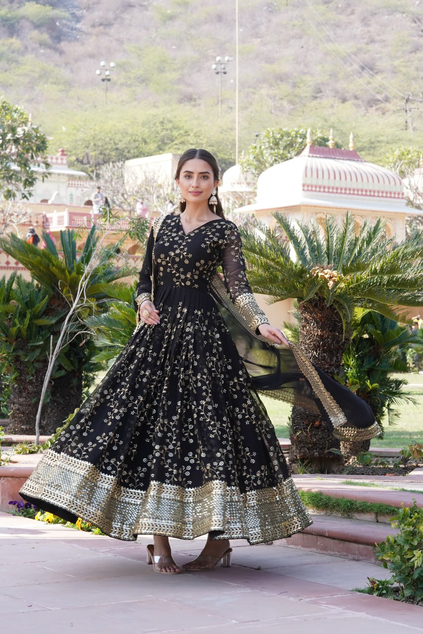 Embroidered Faux Blooming Georgette Flared Black Gown with Dupatta ClothsVilla