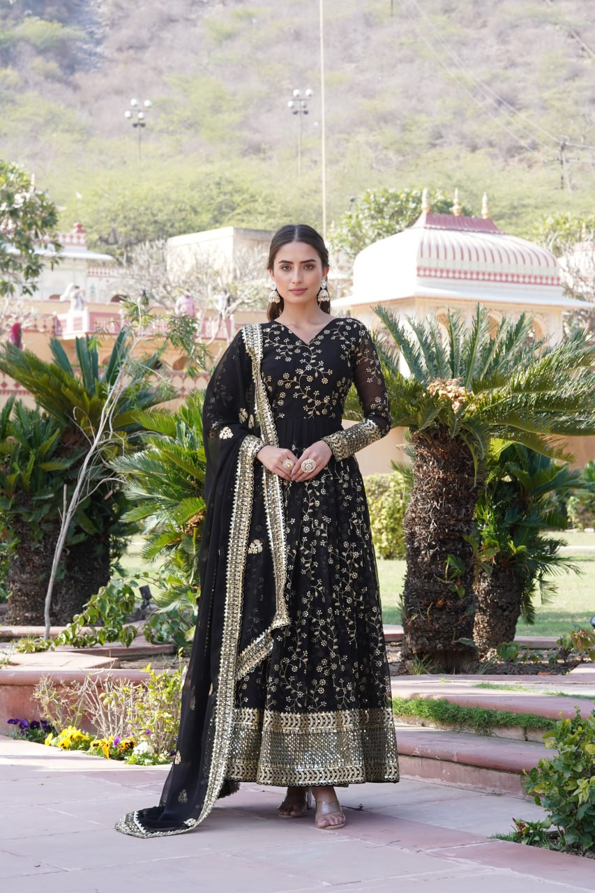 Embroidered Faux Blooming Georgette Flared Black Gown with Dupatta ClothsVilla