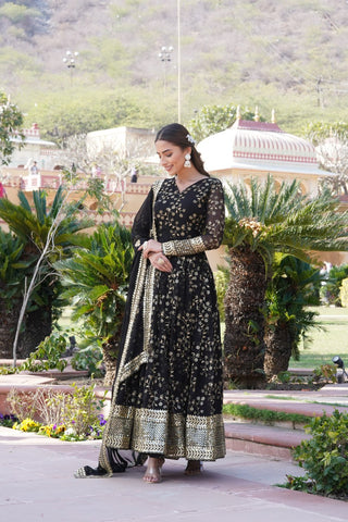 Embroidered Faux Blooming Georgette Flared Black Gown with Dupatta ClothsVilla