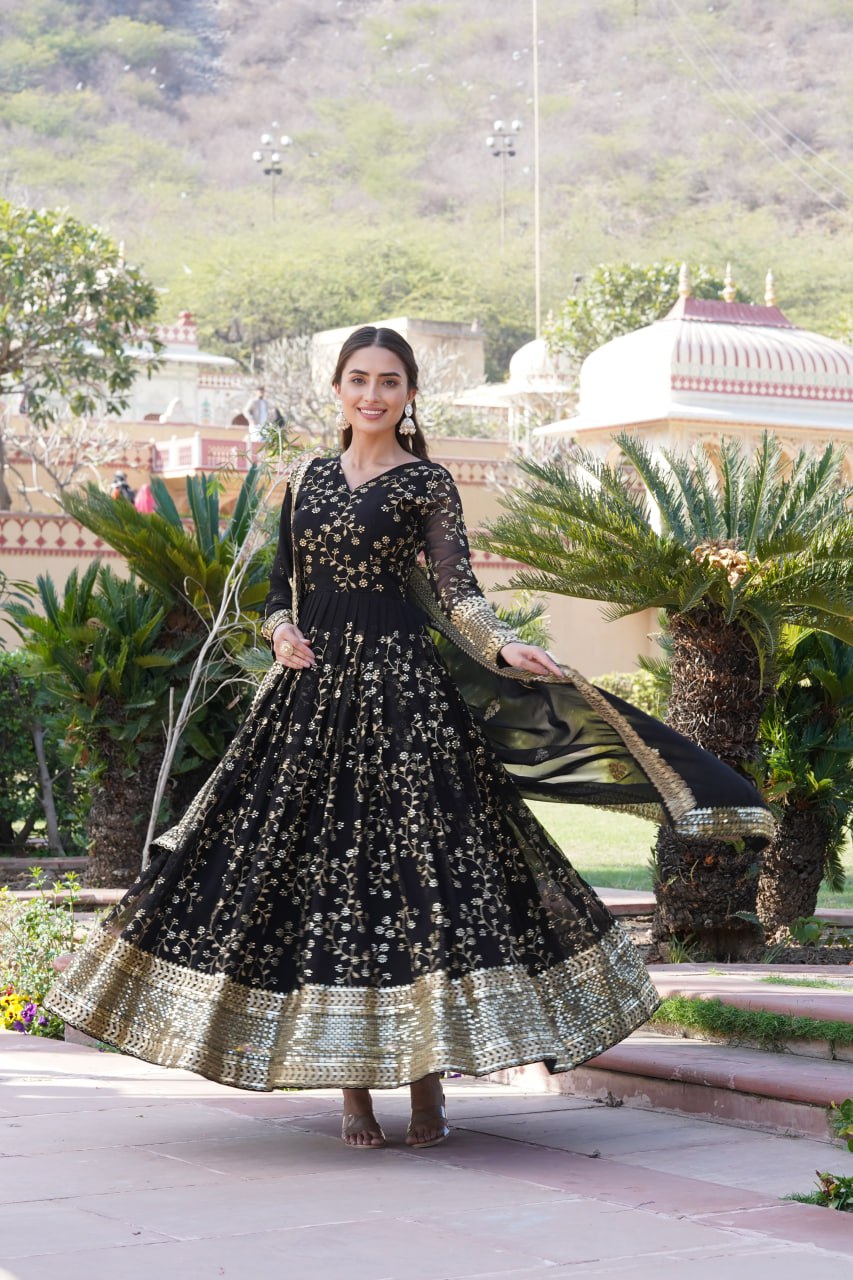 Embroidered Faux Blooming Georgette Flared Black Gown with Dupatta ClothsVilla