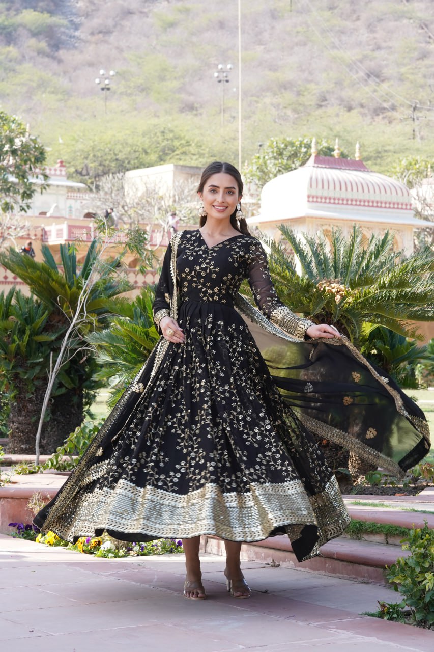 Embroidered Faux Blooming Georgette Flared Black Gown with Dupatta ClothsVilla
