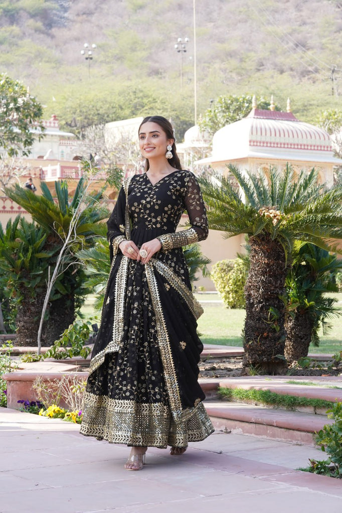 Embroidered Faux Blooming Georgette Flared Black Gown with Dupatta ClothsVilla