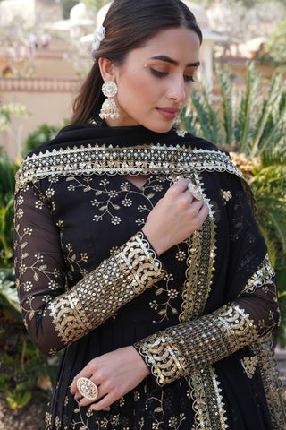 Embroidered Faux Blooming Georgette Flared Black Gown with Dupatta ClothsVilla