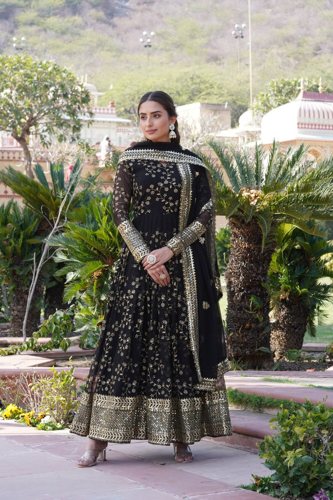 Embroidered Faux Blooming Georgette Flared Black Gown with Dupatta ClothsVilla