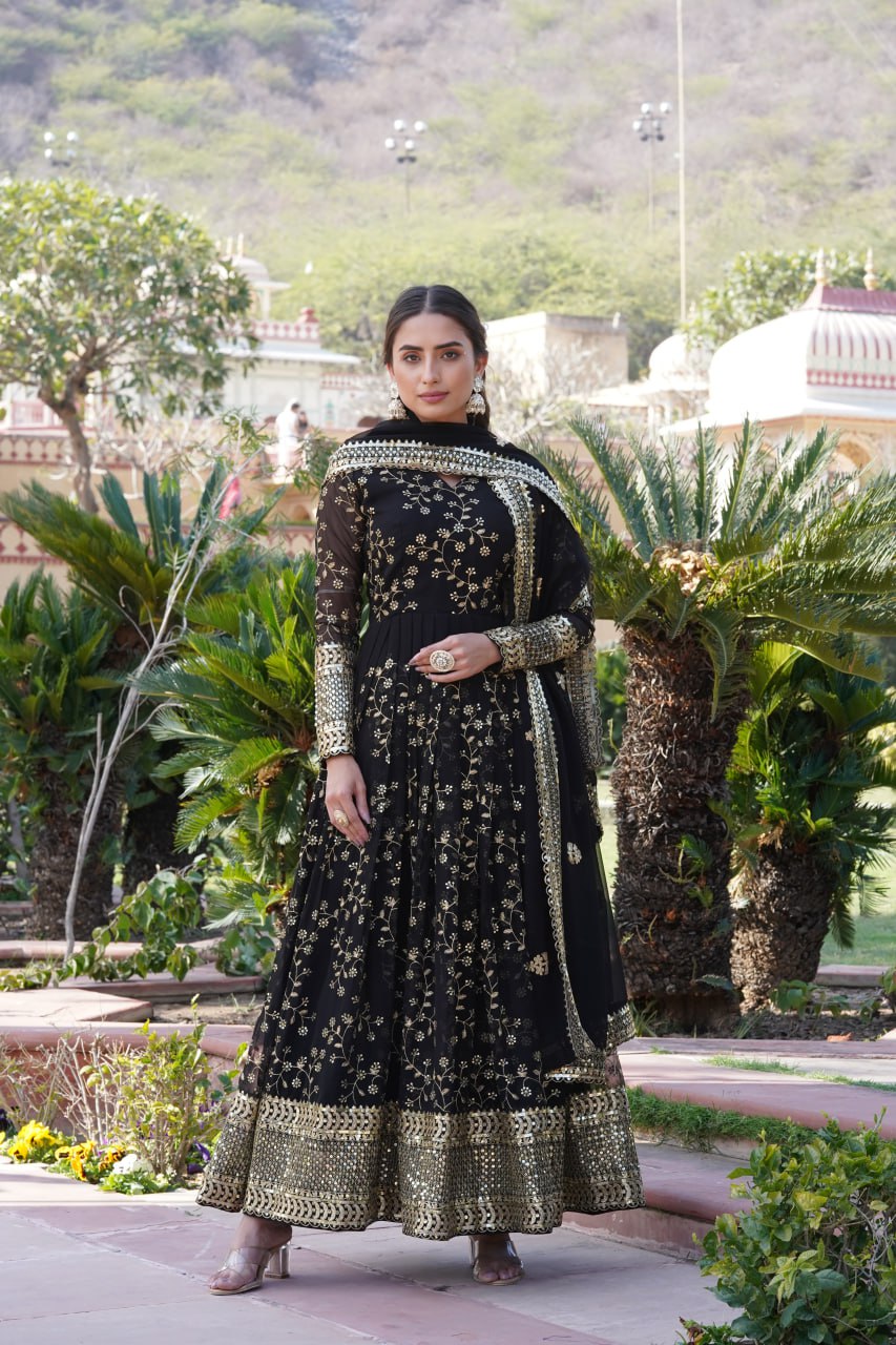 Embroidered Faux Blooming Georgette Flared Black Gown with Dupatta ClothsVilla