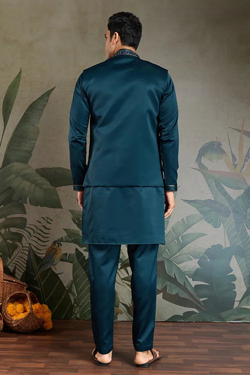 Teal Blue Embroidered Kurta Koti Set for Men Clothsvilla