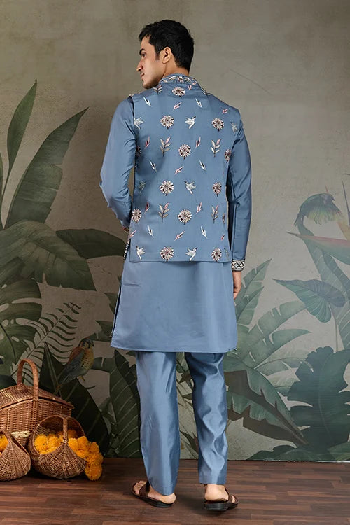 Blue Gray Open Koti Style Full Kurta Pajama Set for Men Clothsvilla