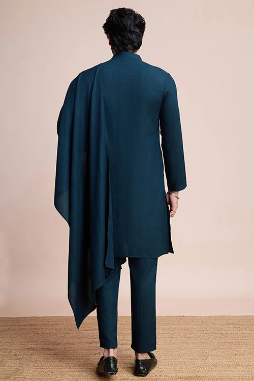 Teal Blue Kurta Set for Men with Mirror Work Design Clothsvilla