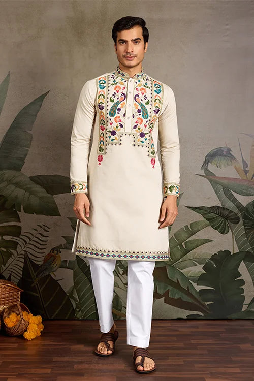 Beige Color Special Embroidered Kurta for Mens Wear Clothsvilla