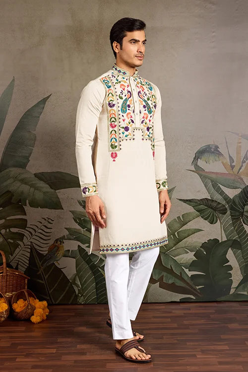 Beige Color Special Embroidered Kurta for Mens Wear Clothsvilla