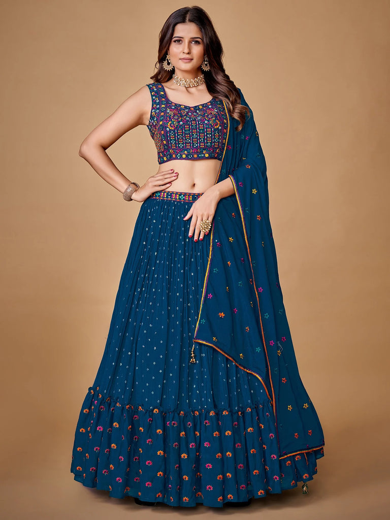 Beautiful Blue Color Fancy Silk With Embroidery Sequins Work Charming Lehenga Choli |Engagement Wear Clothsvilla