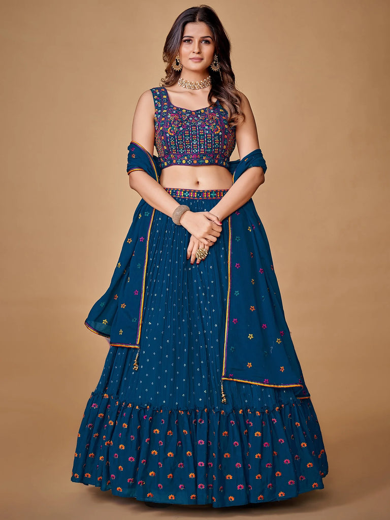 Beautiful Blue Color Fancy Silk With Embroidery Sequins Work Charming Lehenga Choli |Engagement Wear Clothsvilla