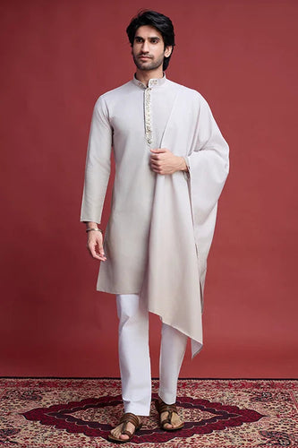 Designer Beige Kurta Set for Men with Mirror Work Clothsvilla