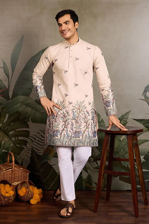 Beige Embroidered Work Beautiful Kurta for Men Clothsvilla Main image
