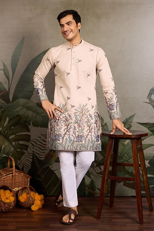 Beige Embroidered Work Beautiful Kurta for Men Clothsvilla