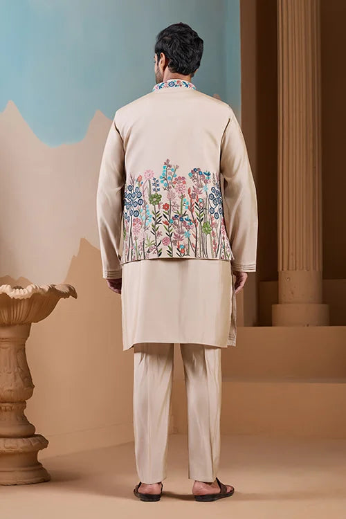 Elegant Fashionable Beige Koti Kurta Set for Mens Wear Clothsvilla