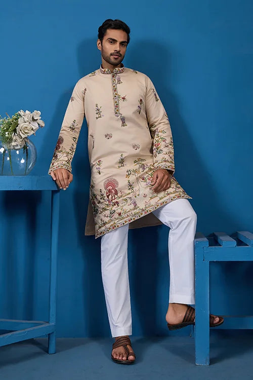 Perfect Festive Choice Beige Ethnic Kurta for Mens Wear Clothsvilla