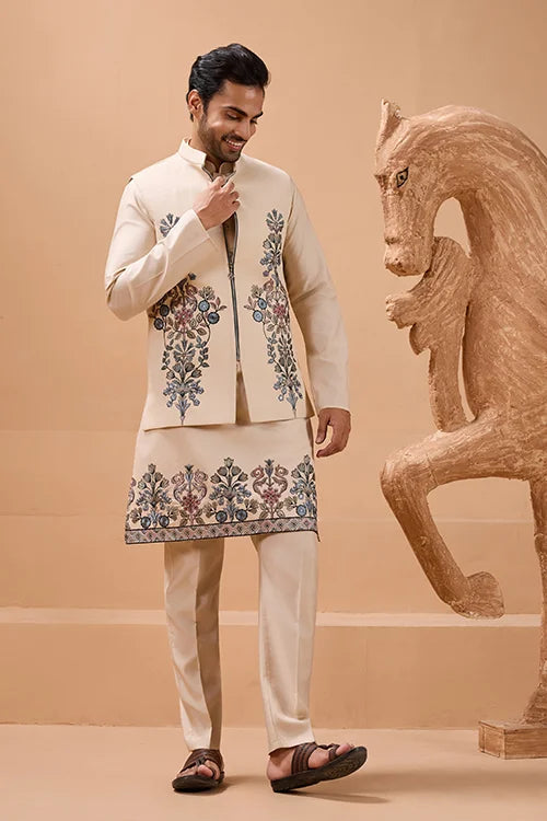 Tendy Beige Wedding Special Koti Kurta Set for Mens Wear Clothsvilla