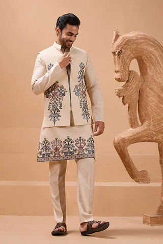 Tendy Beige Wedding Special Koti Kurta Set for Mens Wear Clothsvilla