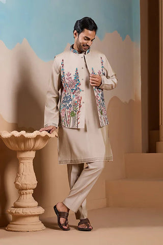 Elegant Fashionable Beige Koti Kurta Set for Mens Wear Clothsvilla