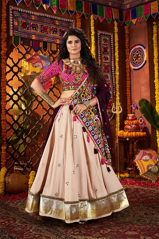 Navratri Special Beige Mirror Work Chaniya Choli Clothsvilla