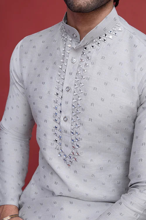 Beige Viscose Men’s Kurta - Mirror Work Design Clothsvilla